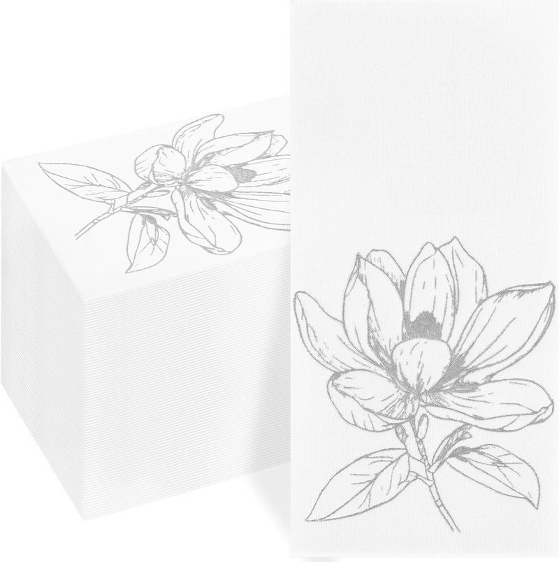 Joyido 50 Pack Silver Magnolia Napkins - Silver Floral Disposable Napkins - Cloth-Like Feel Dinner Paper - Retro Heavy Duty Hand Towels for Bathroom Wedding Holiday Party Bridal Decorative Towels - Image 1